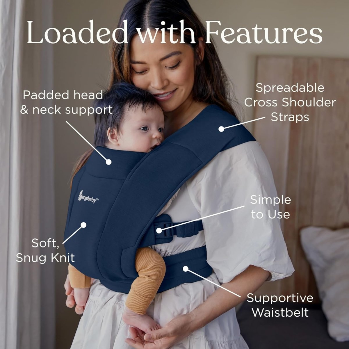 Ergobaby Embrace Baby Carrier Newborn to Toddler - Breathable Baby Carriers for Summer - Cozy Essentials (7 - 25 Pounds), Ponte Knit, Midnight Blue - LittleTreasures