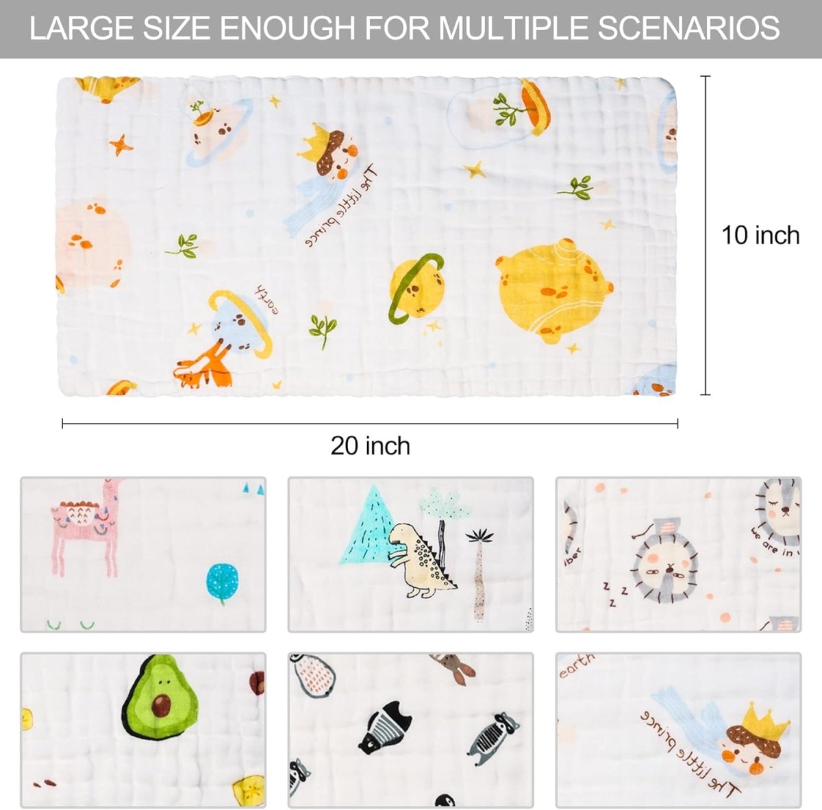 FOOK FISH Muslin Burp Cloths Cotton Burping Cloth 20'' X 10'' Pack of 6 for Baby Spit Up Cloths for Newborn,Absorbent, Soft,Large,6 Layers,Baby Burp Rags,Unisex, for Boys and Girls - LittleTreasures