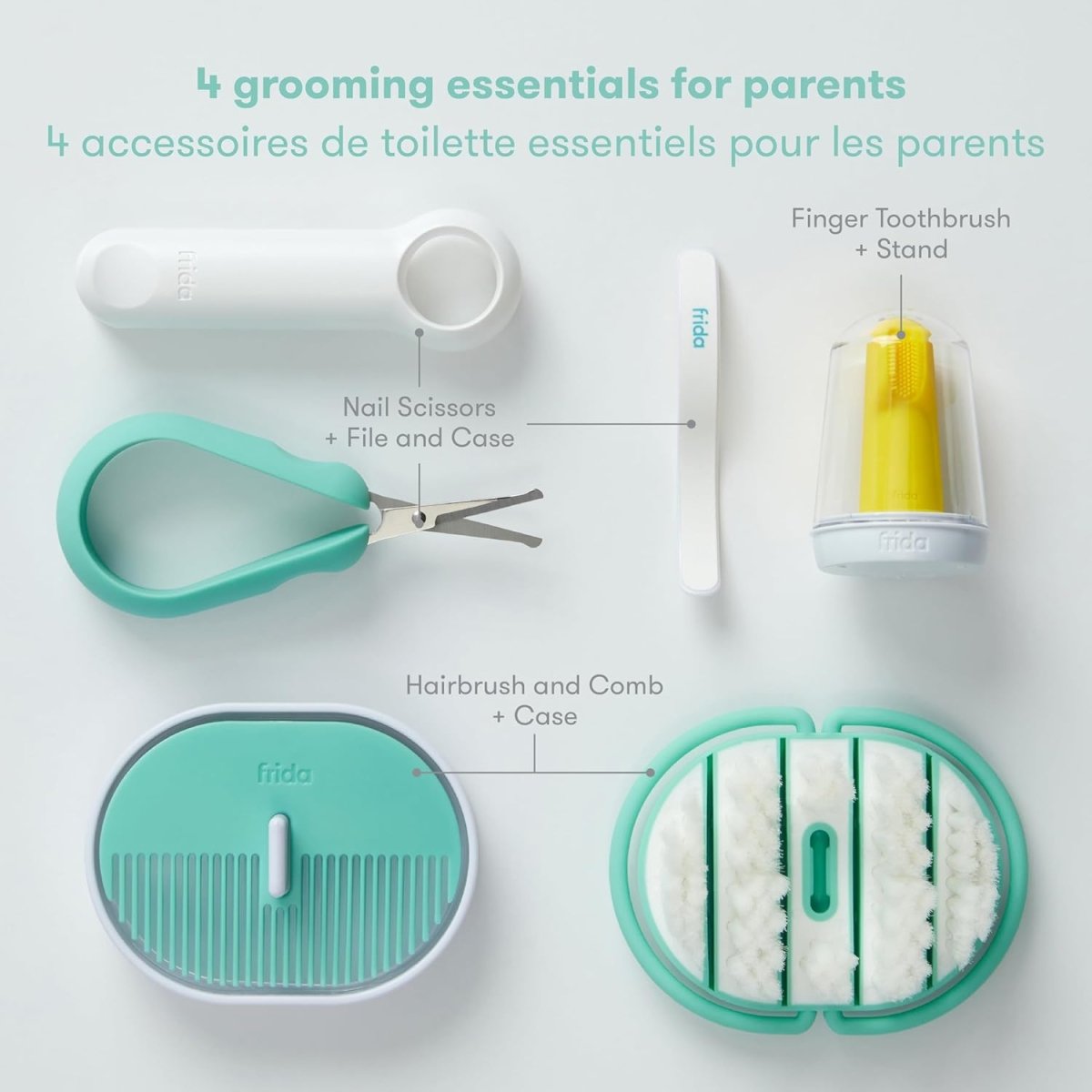 Frida Baby Grooming Kit | Baby Essentials Gift Set Includes Finger Brush with Storage Stand, Hair Brush with Case, Styling Hair Comb, Easy Grip Nail Scissors with Nail File and Case - LittleTreasures