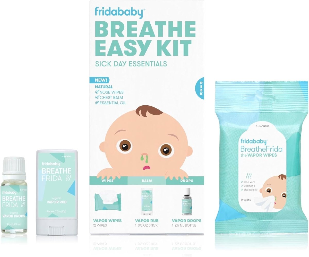FridaBaby Baby & Toddler Breathe Easy Kit Sick Day Essentials,A Must - Have Set Includes Natural Nose & Chest Wipes, Organic No - Mess Chest Balm, & Organic Essential Oil for Bath or Diffuser - LittleTreasures