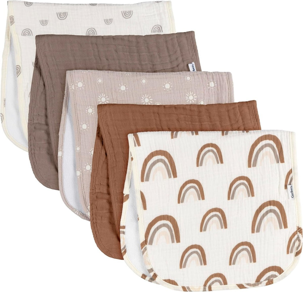 Gerber Baby Unisex Muslin Burp Cloths 5 - Pack, Multi Rainbow, Large Size 20" x 10" - LittleTreasures