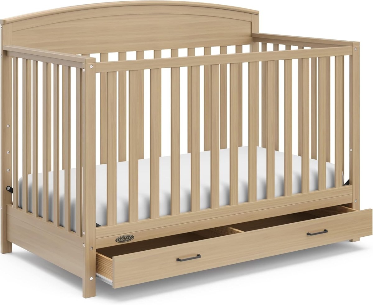 Graco Benton 5 - in - 1 Convertible Crib with Drawer (Driftwood) - GREENGUARD Gold Certified, Undercrib Storage Drawer, Converts to Toddler Bed, Daybed, and Full - Size Bed - LittleTreasures