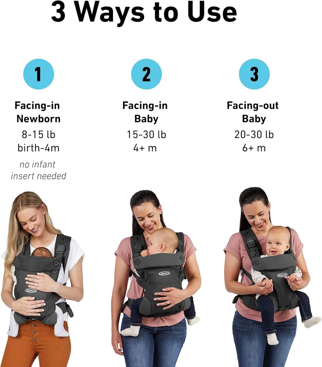 Graco Cradle Me Lite 3 in 1 Baby Carrier - Charcoal Grey, Supports 3.6 - 13.6 kg (8 - 30 lb) - LittleTreasures