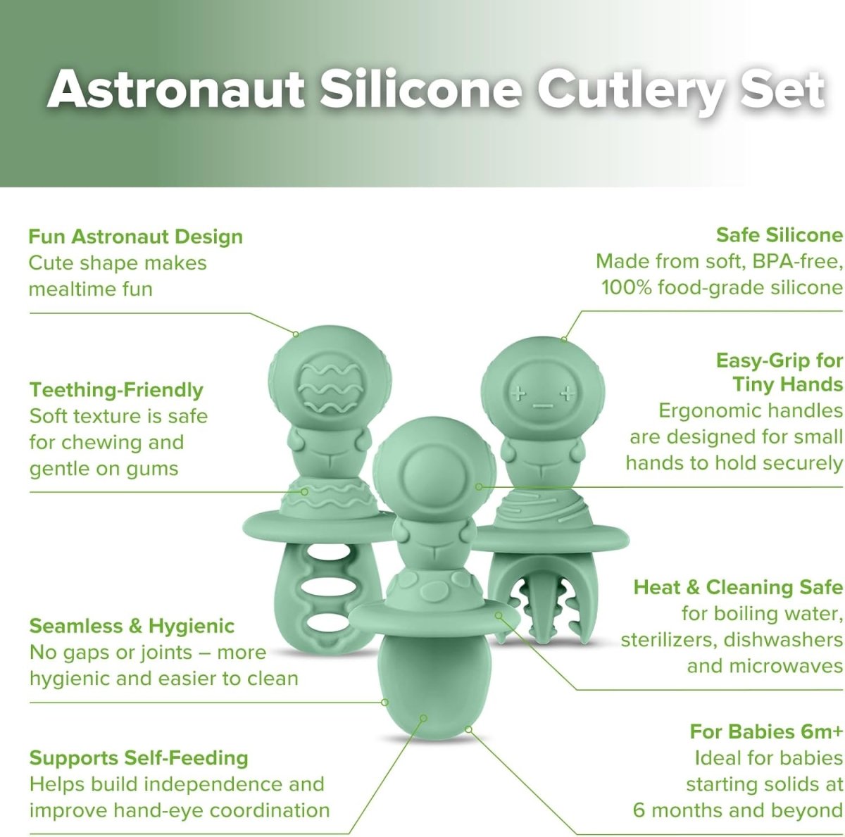 Haakaa Astronaut Beginner Silicone Cutlery Set – Baby Spoons and Forks for Self Feeding 6 Months, Baby Led Weaning Supplies, Toddler Feeding Essentials - LittleTreasures