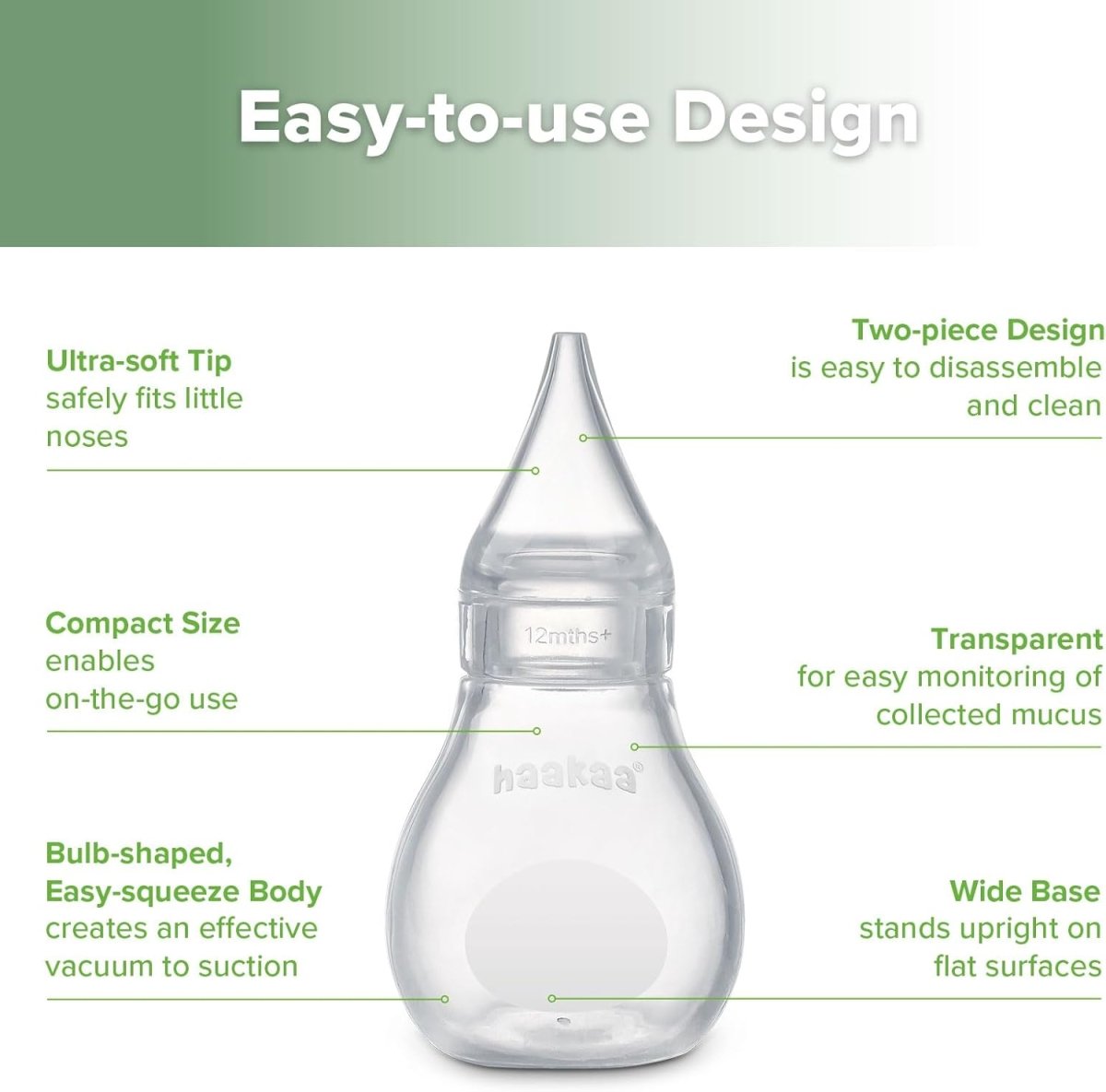Haakaa Silicone Baby Nasal Aspirator | Easy - Squeeze Nose Bulb Syringe | Baby Nose Cleaner , 12m+ Infant &Toddler - BPA Free Silicone - LittleTreasures