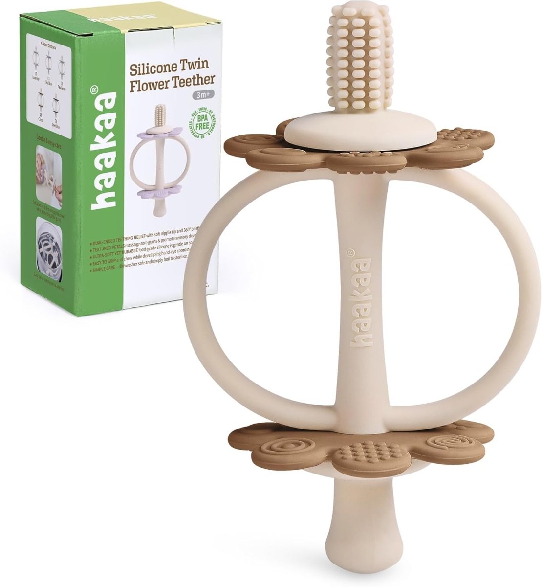 haakaa Silicone Twin Flower Teether,Nipple - Shaped End for Gum Massage,360° Baby Toothbrush Head for Self - Brushing Training,Easy to Grip - Lavender - LittleTreasures