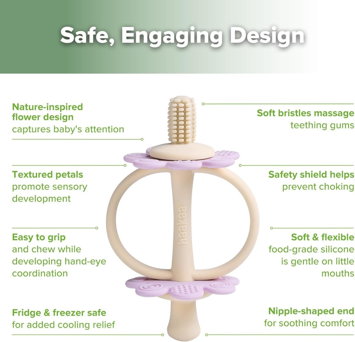 haakaa Silicone Twin Flower Teether,Nipple - Shaped End for Gum Massage,360° Baby Toothbrush Head for Self - Brushing Training,Easy to Grip - Lavender - LittleTreasures