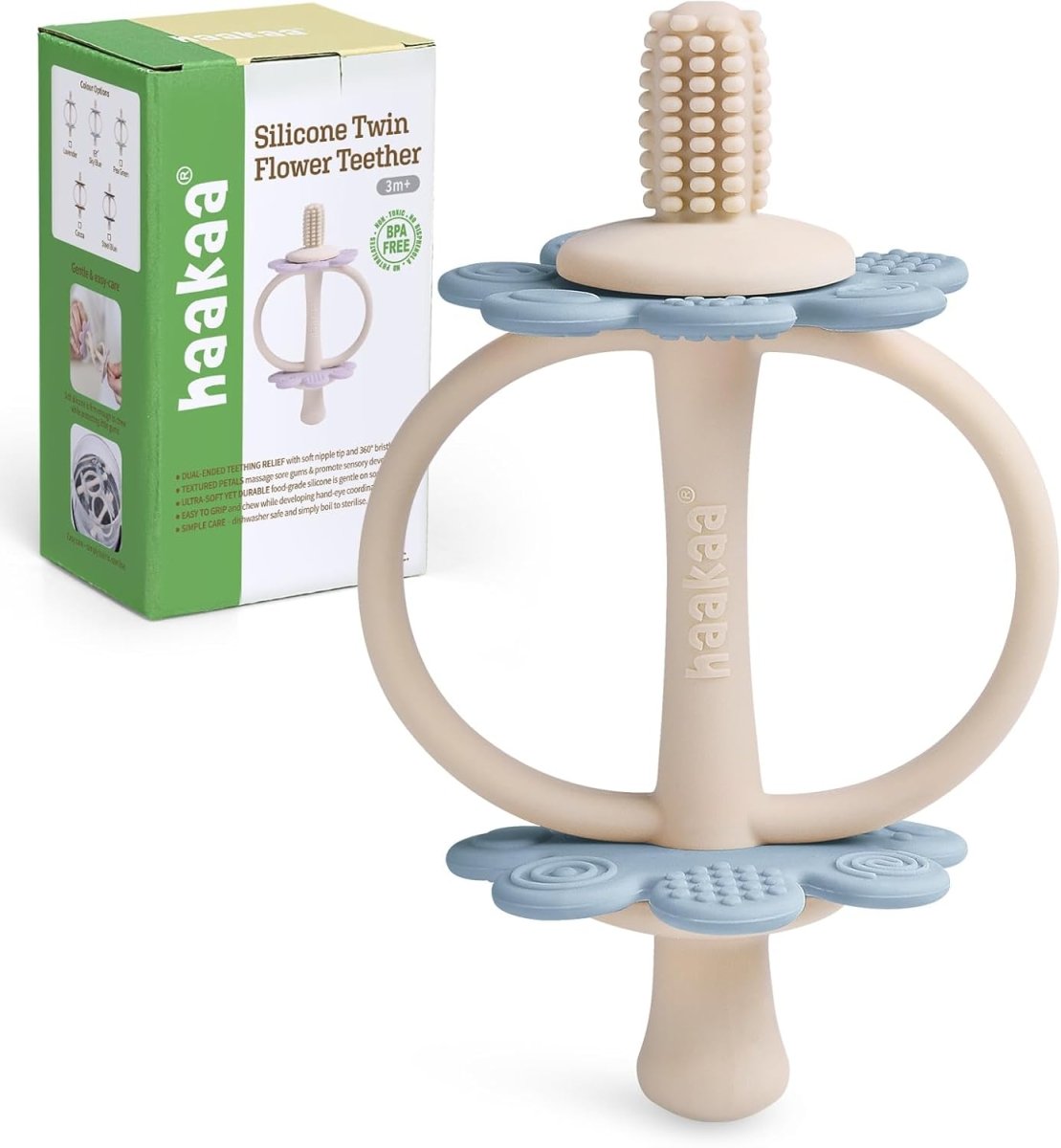 haakaa Silicone Twin Flower Teether,Nipple - Shaped End for Gum Massage,360° Baby Toothbrush Head for Self - Brushing Training,Easy to Grip - Lavender - LittleTreasures