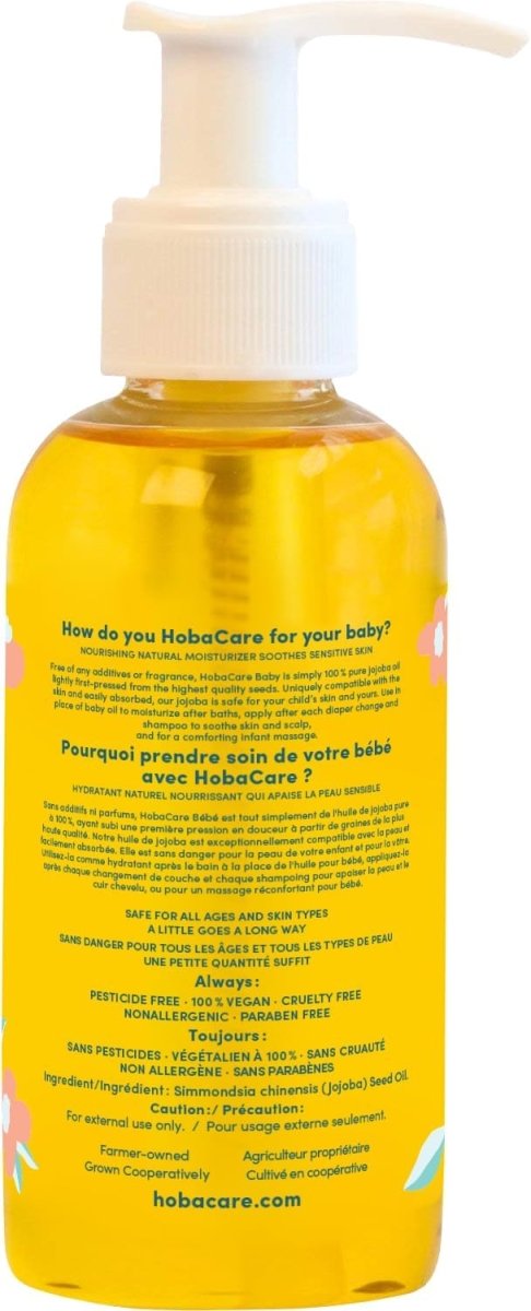 HobaCare Organic Jojoba Baby Oil with Pump – 100% Pure Natural Unrefined Unscented Cold Pressed Jojoba Oil for Baby Hair, Infant Skin, Body Care (4.22 fl oz / 125 ml) - LittleTreasures