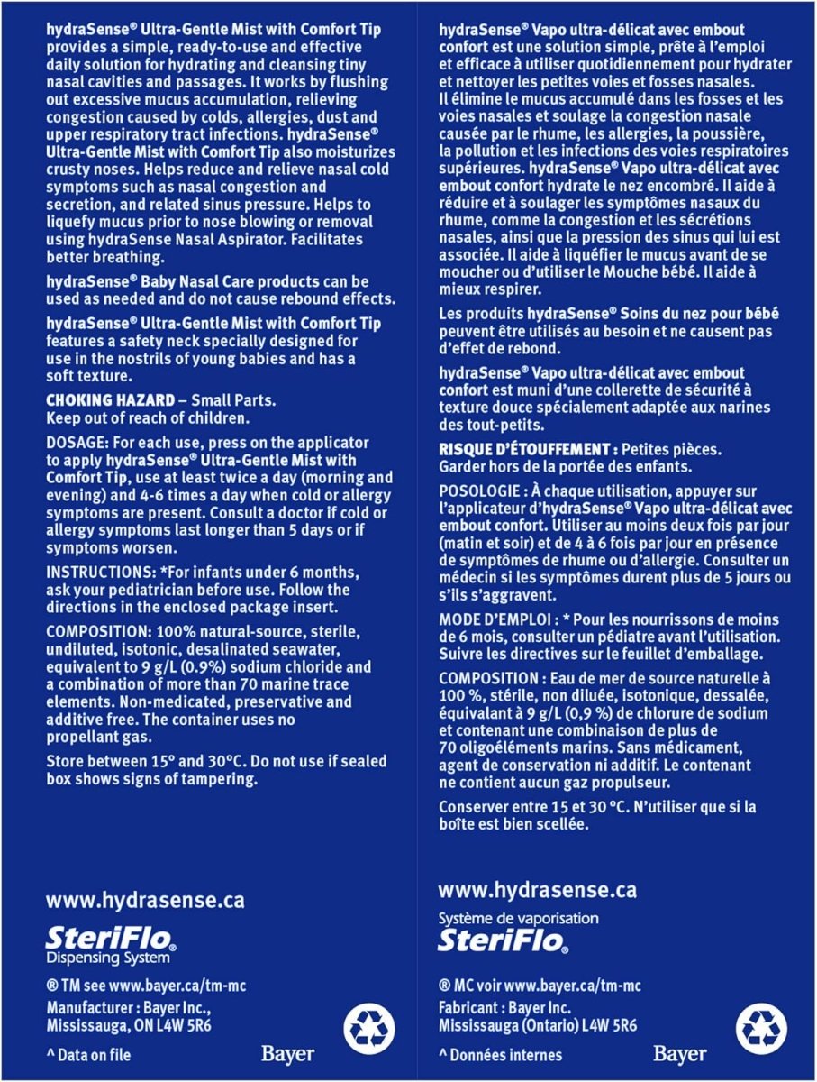 HydraSense Ultra - Gentle Mist Nasal Spray, Baby Nasal Care, 100% Natural Sourced Seawater, Preservative - Free, 100 mL - LittleTreasures