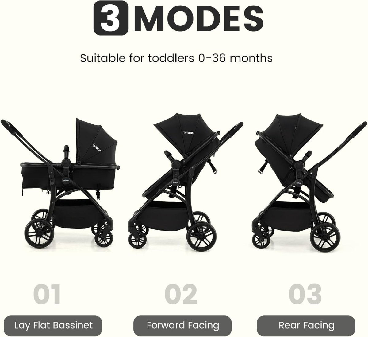 INFANS 2 in 1 Baby Stroller, Convertible Stroller with Bassinet Reversible Seat Adjustable Backrest Canopy One Hand Fold, Compact Toddler Pushchair for Kids Infants Newborns 0 - 36 Months (Black) - LittleTreasures