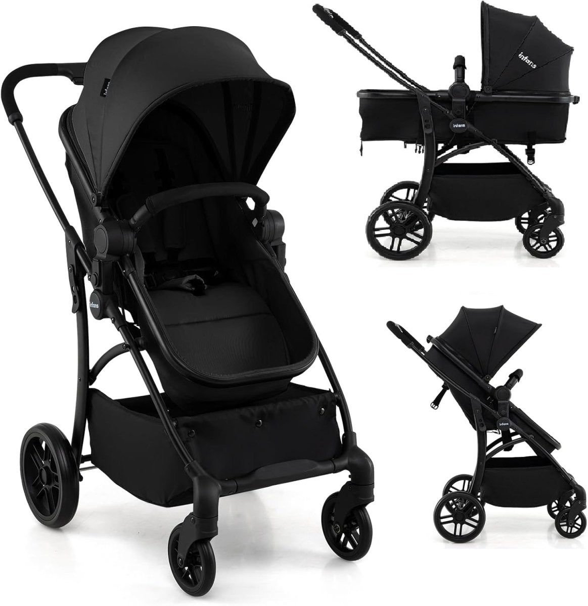 INFANS 2 in 1 Baby Stroller, Convertible Stroller with Bassinet Reversible Seat Adjustable Backrest Canopy One Hand Fold, Compact Toddler Pushchair for Kids Infants Newborns 0 - 36 Months (Black) - LittleTreasures
