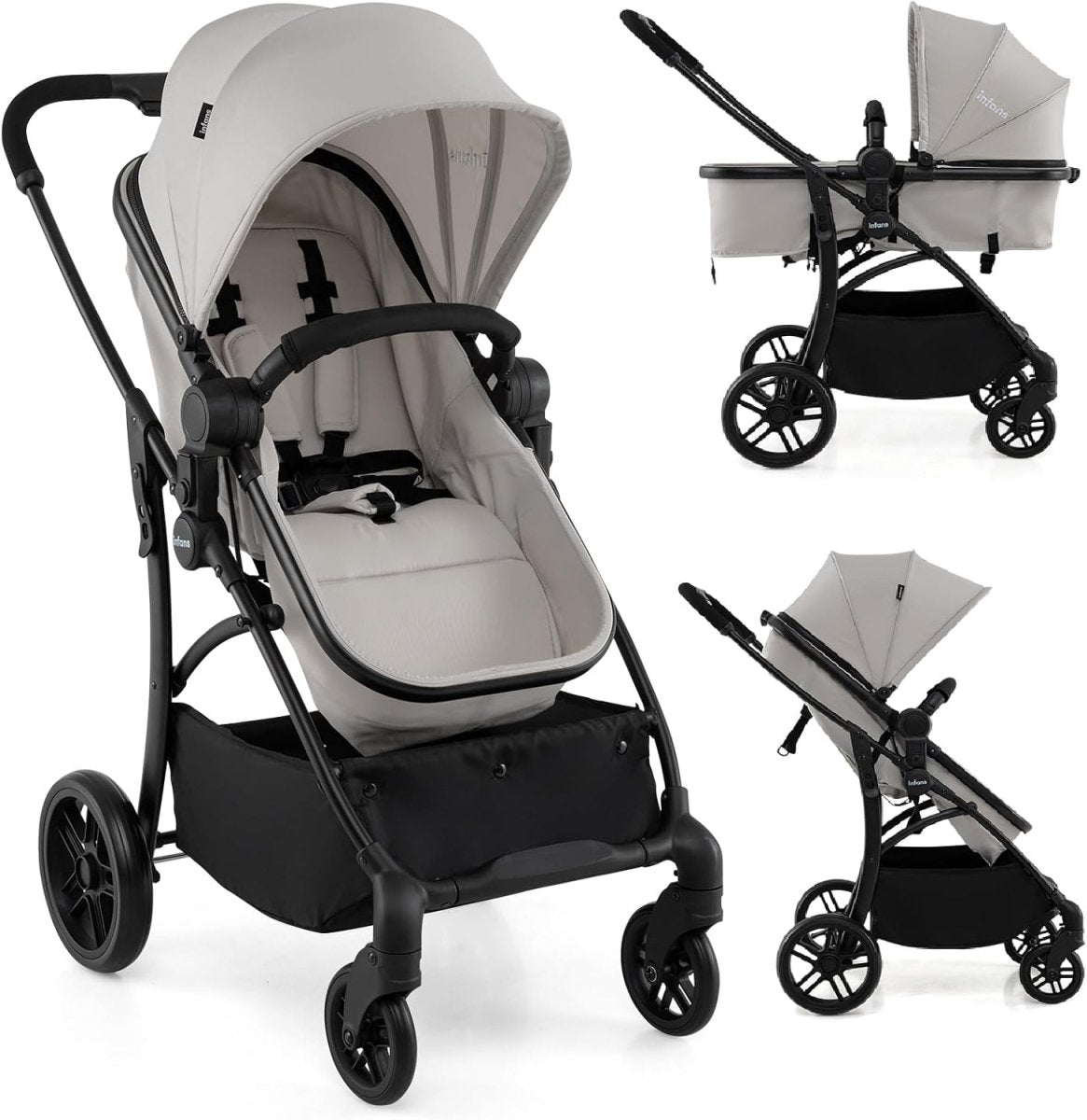 INFANS 2 in 1 Baby Stroller, Convertible Stroller with Bassinet Reversible Seat Adjustable Backrest Canopy One Hand Fold, Compact Toddler Pushchair for Kids Infants Newborns 0 - 36 Months (Black) - LittleTreasures