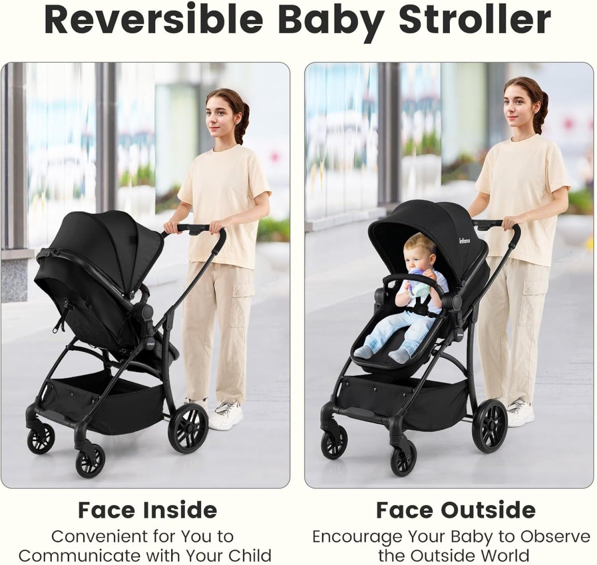 INFANS 2 in 1 Baby Stroller, Convertible Stroller with Bassinet Reversible Seat Adjustable Backrest Canopy One Hand Fold, Compact Toddler Pushchair for Kids Infants Newborns 0 - 36 Months (Black) - LittleTreasures