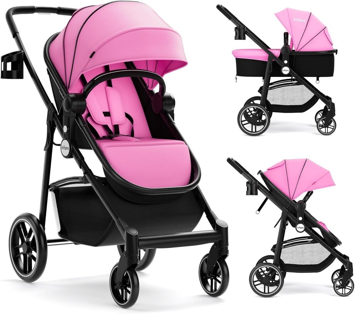 INFANS 2 in 1 Baby Stroller, High Landscape Infant Stroller & Reversible Bassinet Pram, Foldable Pushchair with Adjustable Canopy, Cup Holder, Storage Basket, Suspension Wheels (Light Pink) - LittleTreasures