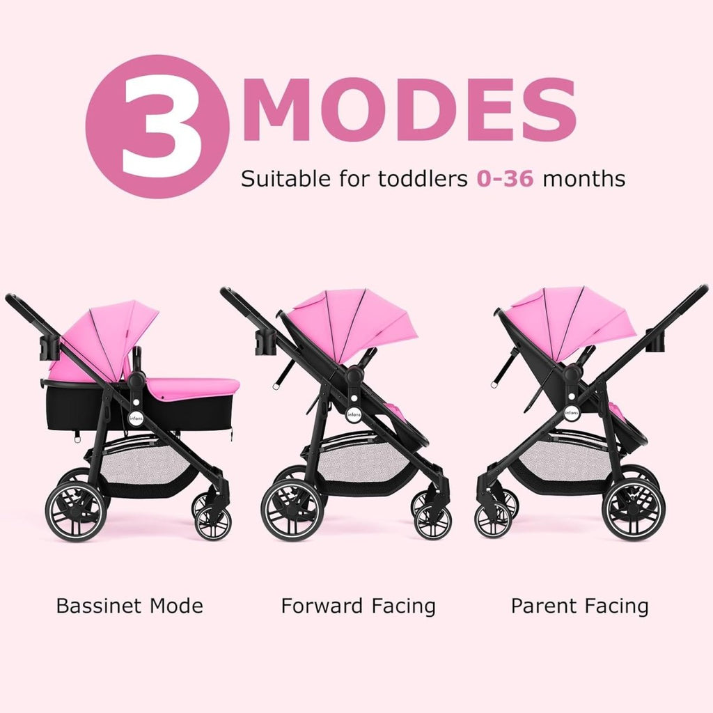 INFANS 2 in 1 Baby Stroller, High Landscape Infant Stroller & Reversible Bassinet Pram, Foldable Pushchair with Adjustable Canopy, Cup Holder, Storage Basket, Suspension Wheels (Light Pink) - LittleTreasures