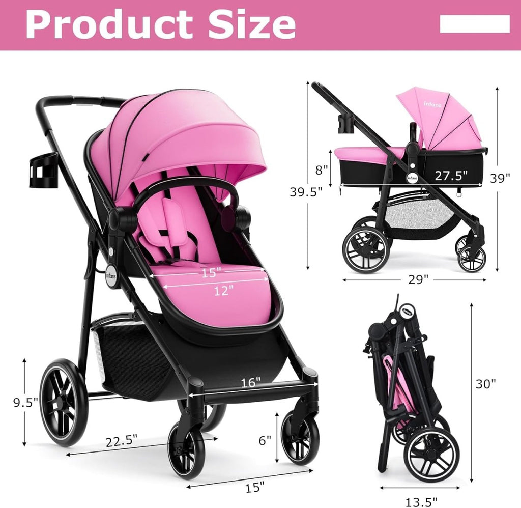INFANS 2 in 1 Baby Stroller, High Landscape Infant Stroller & Reversible Bassinet Pram, Foldable Pushchair with Adjustable Canopy, Cup Holder, Storage Basket, Suspension Wheels (Light Pink) - LittleTreasures
