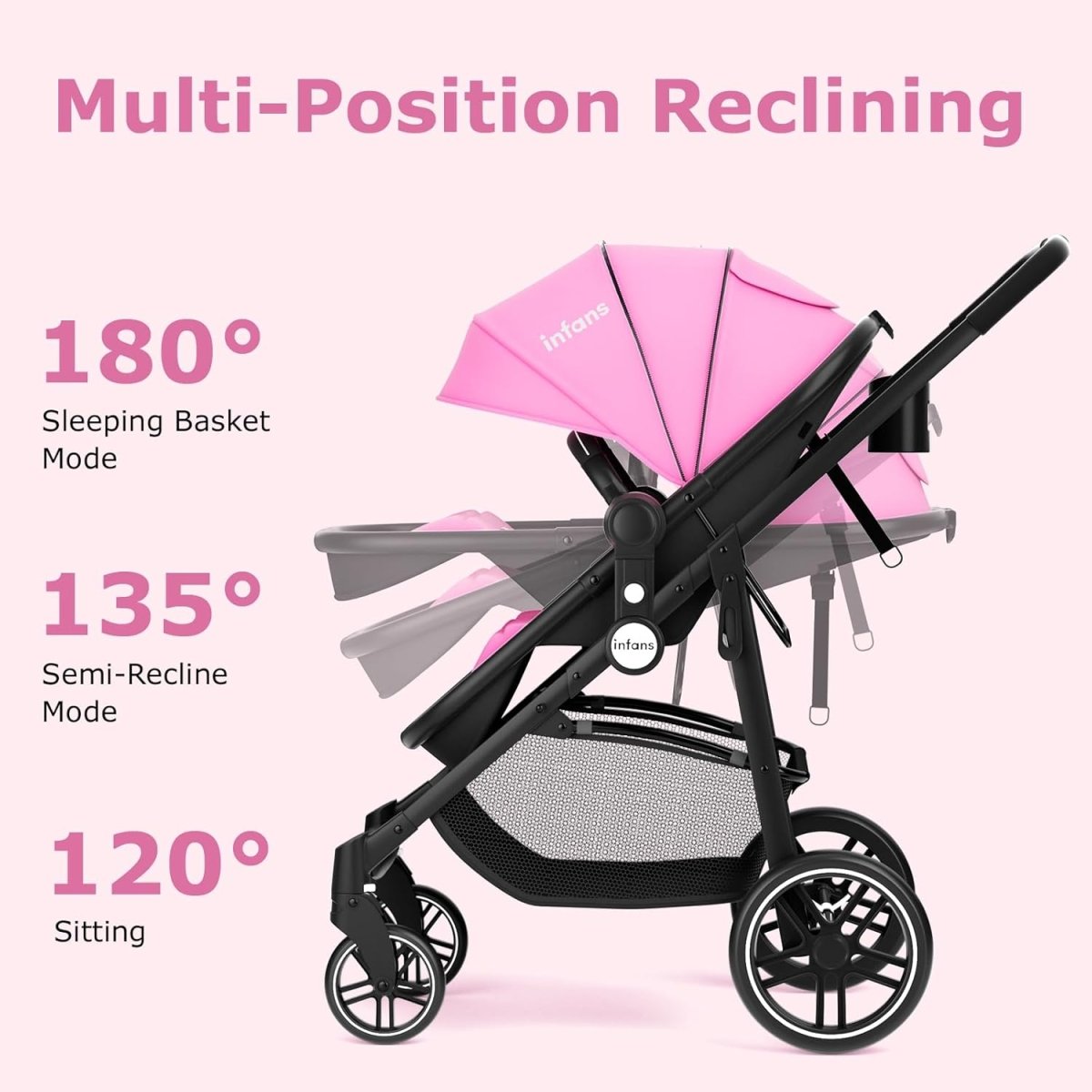 INFANS 2 in 1 Baby Stroller, High Landscape Infant Stroller & Reversible Bassinet Pram, Foldable Pushchair with Adjustable Canopy, Cup Holder, Storage Basket, Suspension Wheels (Light Pink) - LittleTreasures
