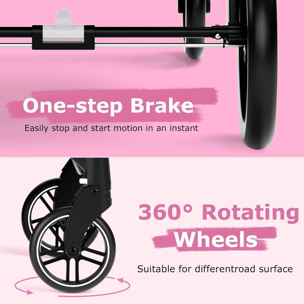 INFANS 2 in 1 Baby Stroller, High Landscape Infant Stroller & Reversible Bassinet Pram, Foldable Pushchair with Adjustable Canopy, Cup Holder, Storage Basket, Suspension Wheels (Light Pink) - LittleTreasures