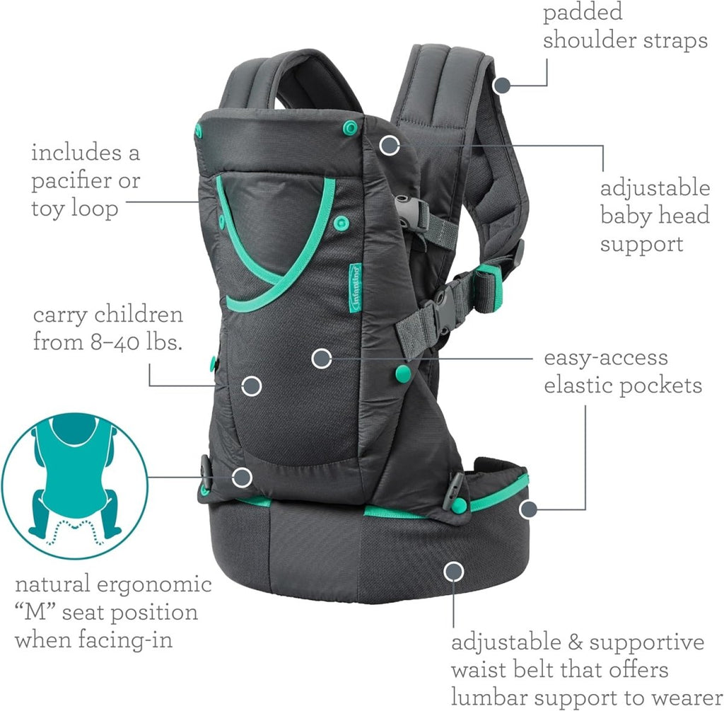 Infantino Carry On Active - Ergonomic Multi - Pocket Infant & Toddler Carrier, 8 - 40 lbs, with Padded Straps, Lumbar Belt Storage & Pacifier Loop - LittleTreasures