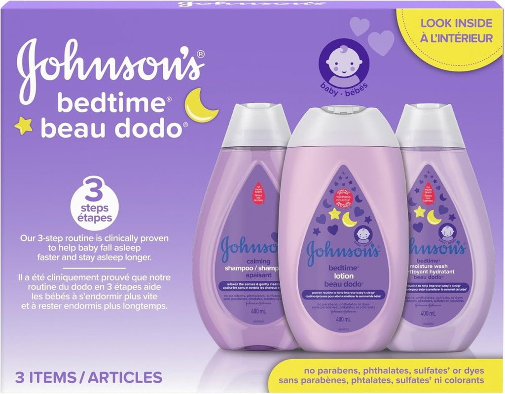 Johnson's Baby Bedtime Gift Set, 3 count, Moisturizing Lotion and Cream for Dry Skin, Baby Wash, Baby Shampoo (3 X 400ml) - LittleTreasures