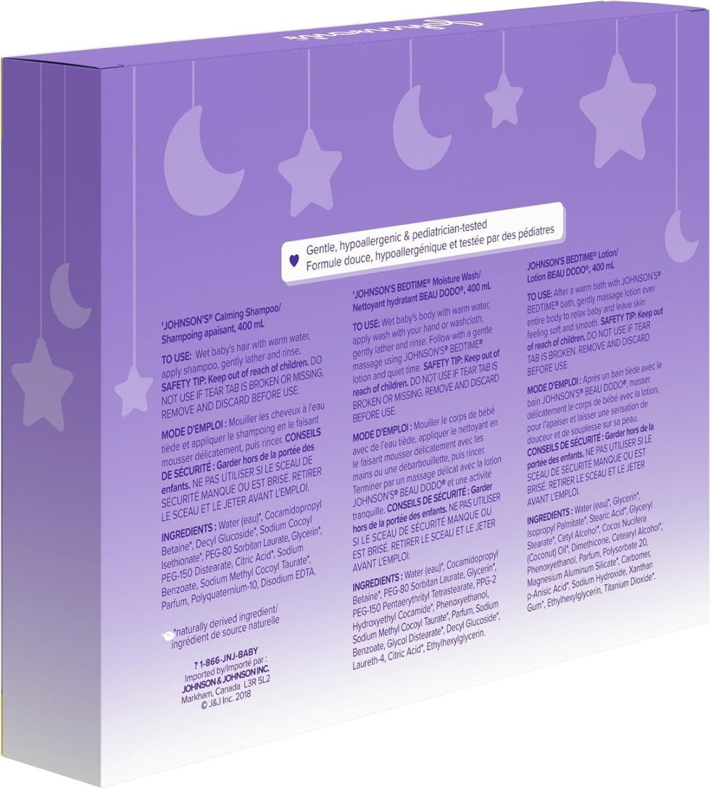 Johnson's Baby Bedtime Gift Set, 3 count, Moisturizing Lotion and Cream for Dry Skin, Baby Wash, Baby Shampoo (3 X 400ml) - LittleTreasures