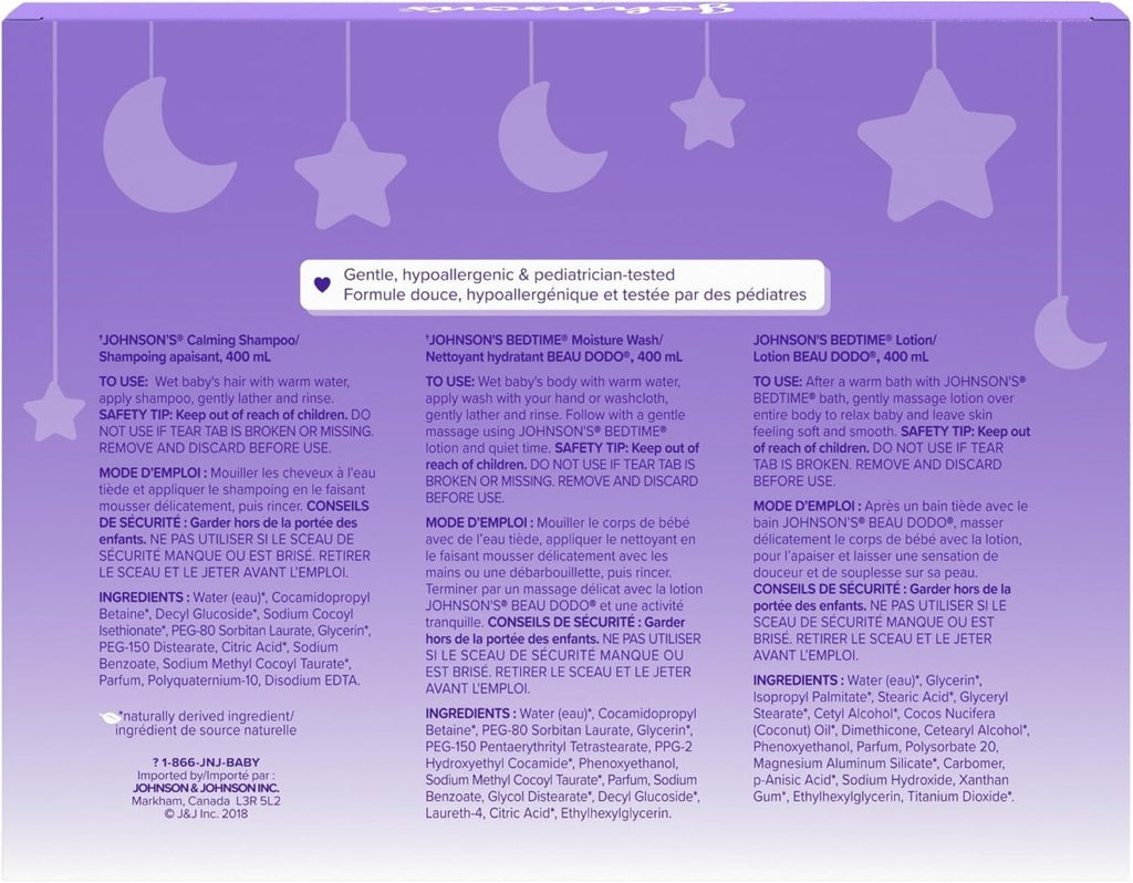 Johnson's Baby Bedtime Gift Set, 3 count, Moisturizing Lotion and Cream for Dry Skin, Baby Wash, Baby Shampoo (3 X 400ml) - LittleTreasures