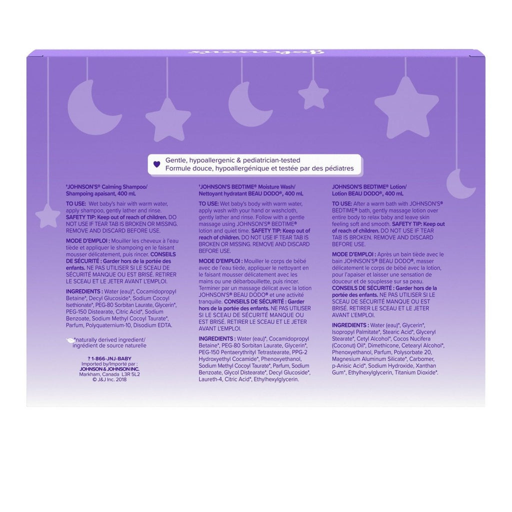 Johnson's Baby Bedtime Gift Set, 3 count, Moisturizing Lotion and Cream for Dry Skin, Baby Wash, Baby Shampoo (3 X 400ml) - LittleTreasures