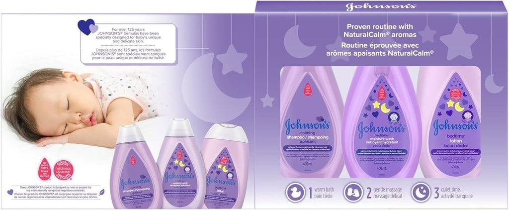 Johnson's Baby Bedtime Gift Set, 3 count, Moisturizing Lotion and Cream for Dry Skin, Baby Wash, Baby Shampoo (3 X 400ml) - LittleTreasures