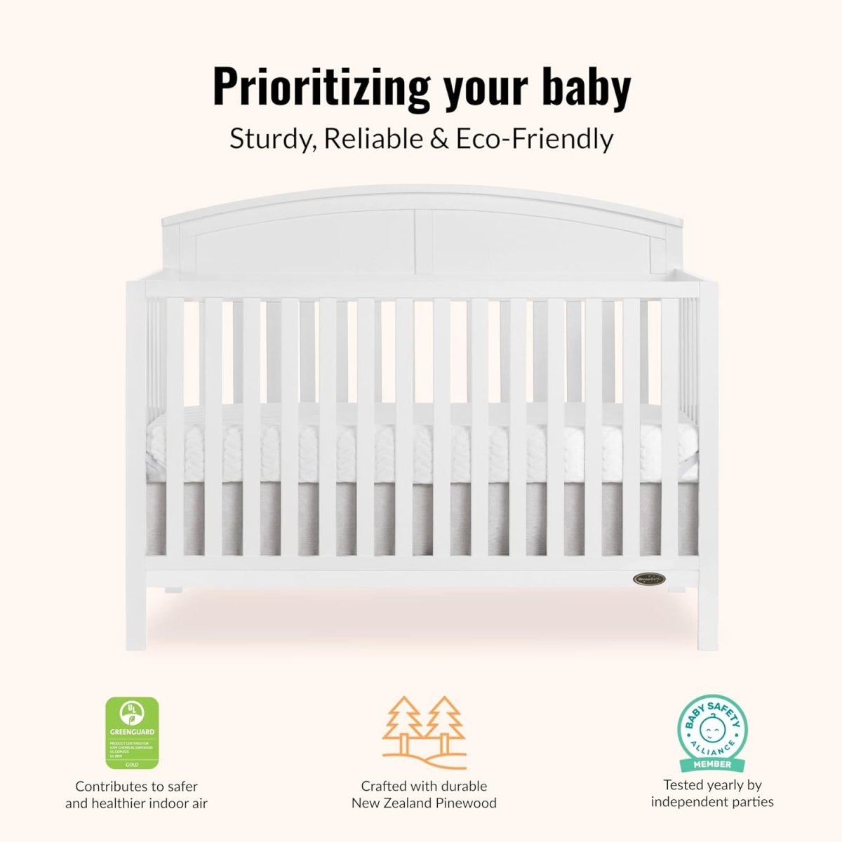 JPMA & Greenguard Gold Certified Dream On Me Storybrooke 5 in 1 Convertible Crib in White, Built of Sustainable Pinewood, 3 Mattress Height Settings, Non - Toxic Water - Based Paint Finish - LittleTreasures