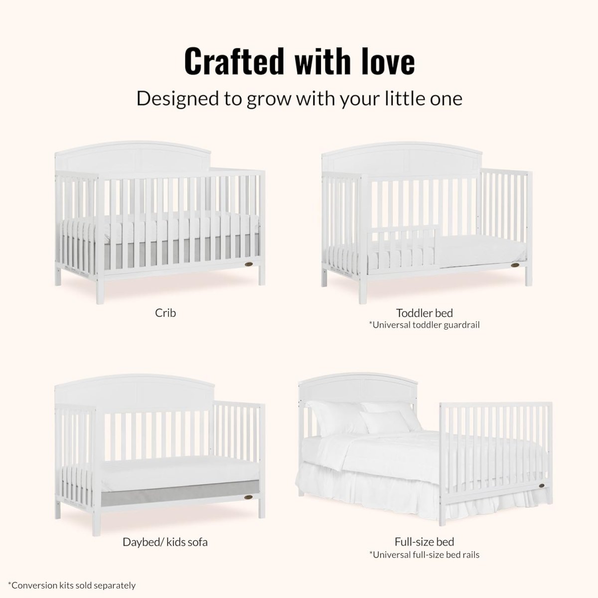JPMA & Greenguard Gold Certified Dream On Me Storybrooke 5 in 1 Convertible Crib in White, Built of Sustainable Pinewood, 3 Mattress Height Settings, Non - Toxic Water - Based Paint Finish - LittleTreasures