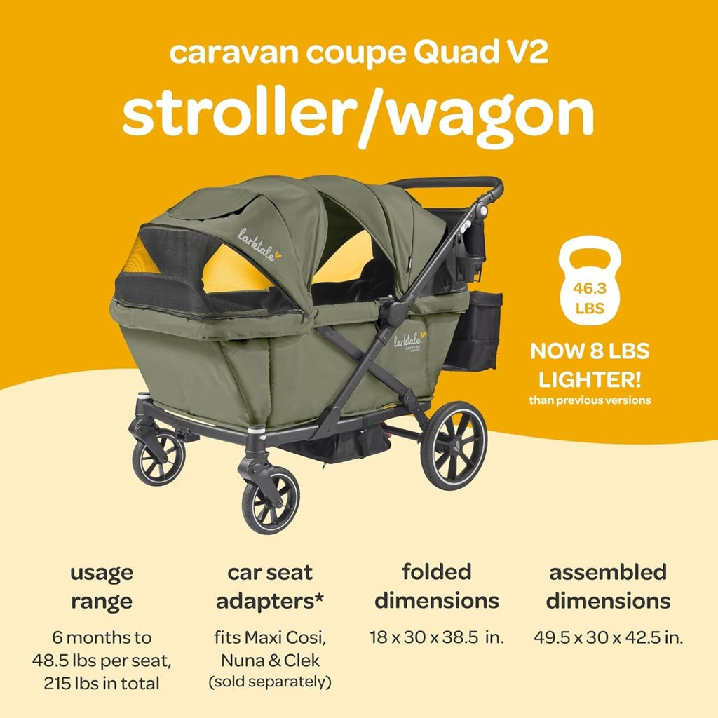 Larktale Caravan Coupe Quad V2, Compact Stroller Wagon with Reclining Seats for 4 Kids, Green - LittleTreasures