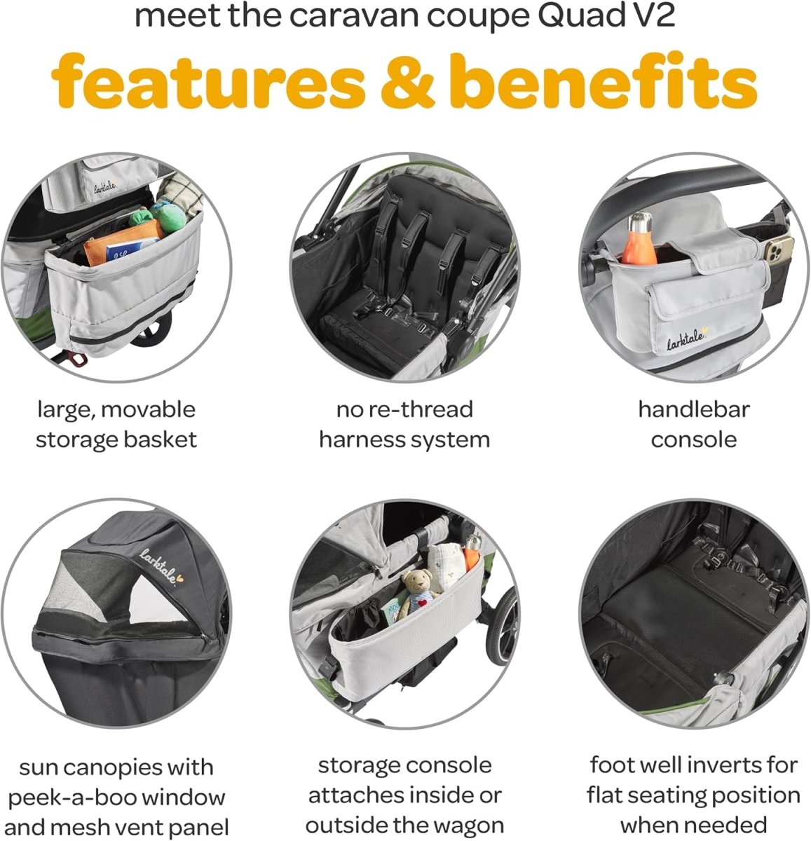 Larktale Caravan Coupe Quad V2, Compact Stroller Wagon with Reclining Seats for 4 Kids, Green - LittleTreasures