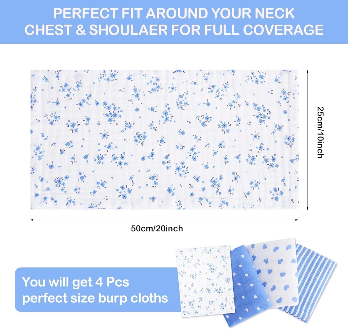 lasoftan Baby Muslin Burp Cloths, 100% Cotton Burping Cloths Super Absorbent Soft, Bath Towel Burp Cloths for Baby Girl Boy, Great Gift for Newborn, 10 x 20 inch, 4 Pack (Heart & Flowers) - LittleTreasures