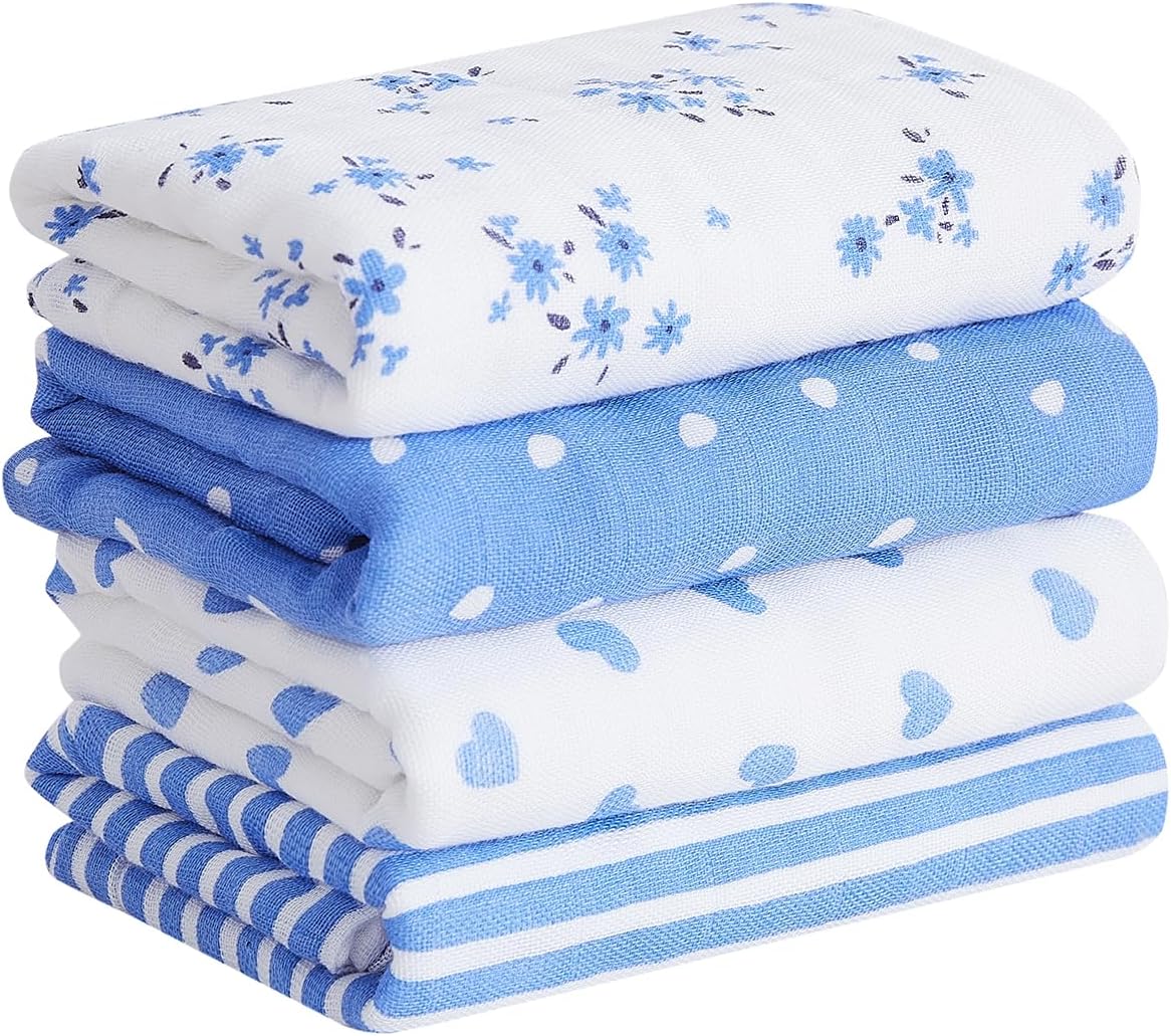 lasoftan Baby Muslin Burp Cloths, 100% Cotton Burping Cloths Super Absorbent Soft, Bath Towel Burp Cloths for Baby Girl Boy, Great Gift for Newborn, 10 x 20 inch, 4 Pack (Heart & Flowers) - LittleTreasures