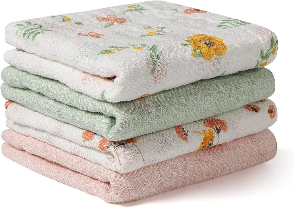 lasoftan Baby Muslin Burp Cloths, 100% Cotton Burping Cloths Super Absorbent Soft, Bath Towel Burp Cloths for Baby Girl Boy, Great Gift for Newborn, 10 x 20 inch, 4 Pack (Heart & Flowers) - LittleTreasures