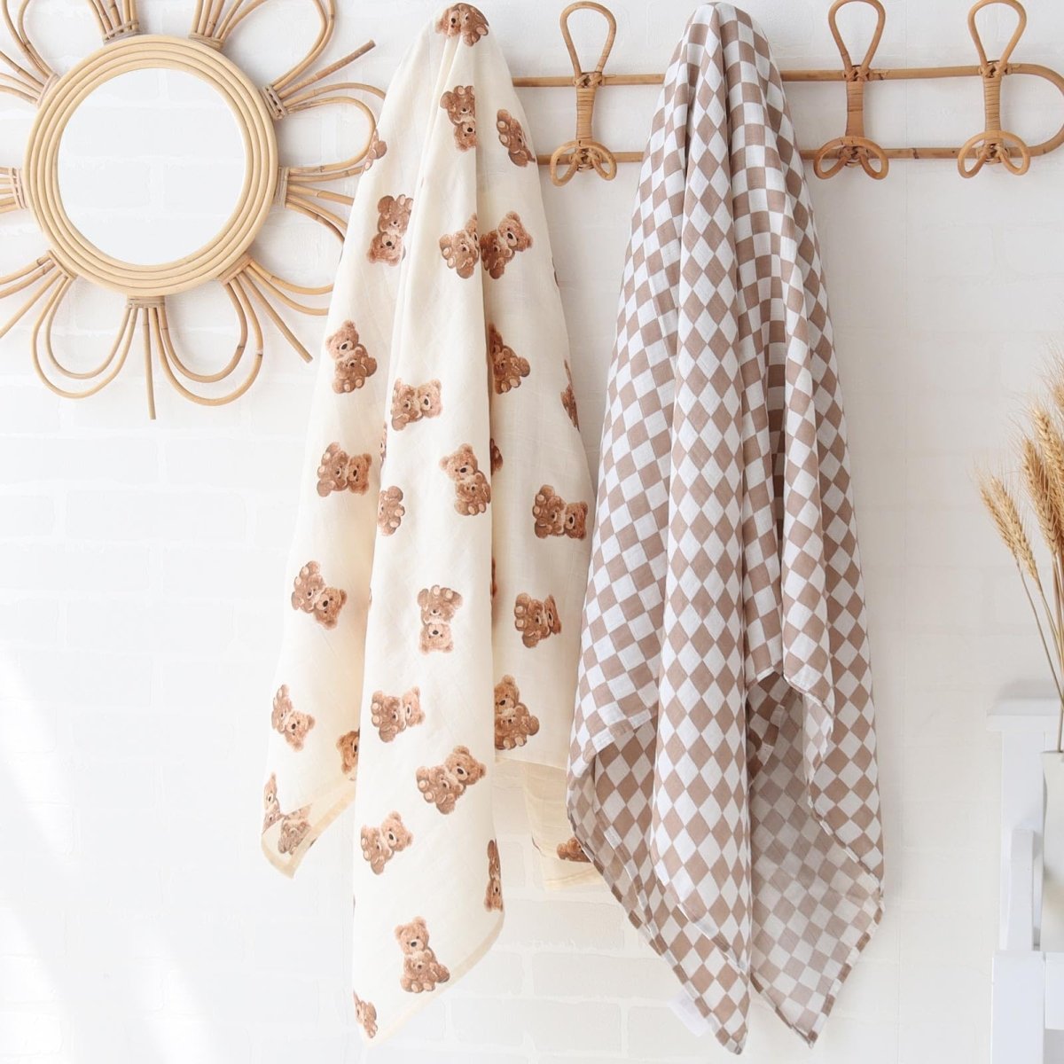 LifeTree Muslin Swaddle Blankets Neutral, Baby Swaddling Wrap Nursery Blanket for Boys & Girls Unisex, Soft 70% Viscose from Bamboo and 30% Cotton, Large 47 x 47 inches, Bear & Checkered Coffee - LittleTreasures