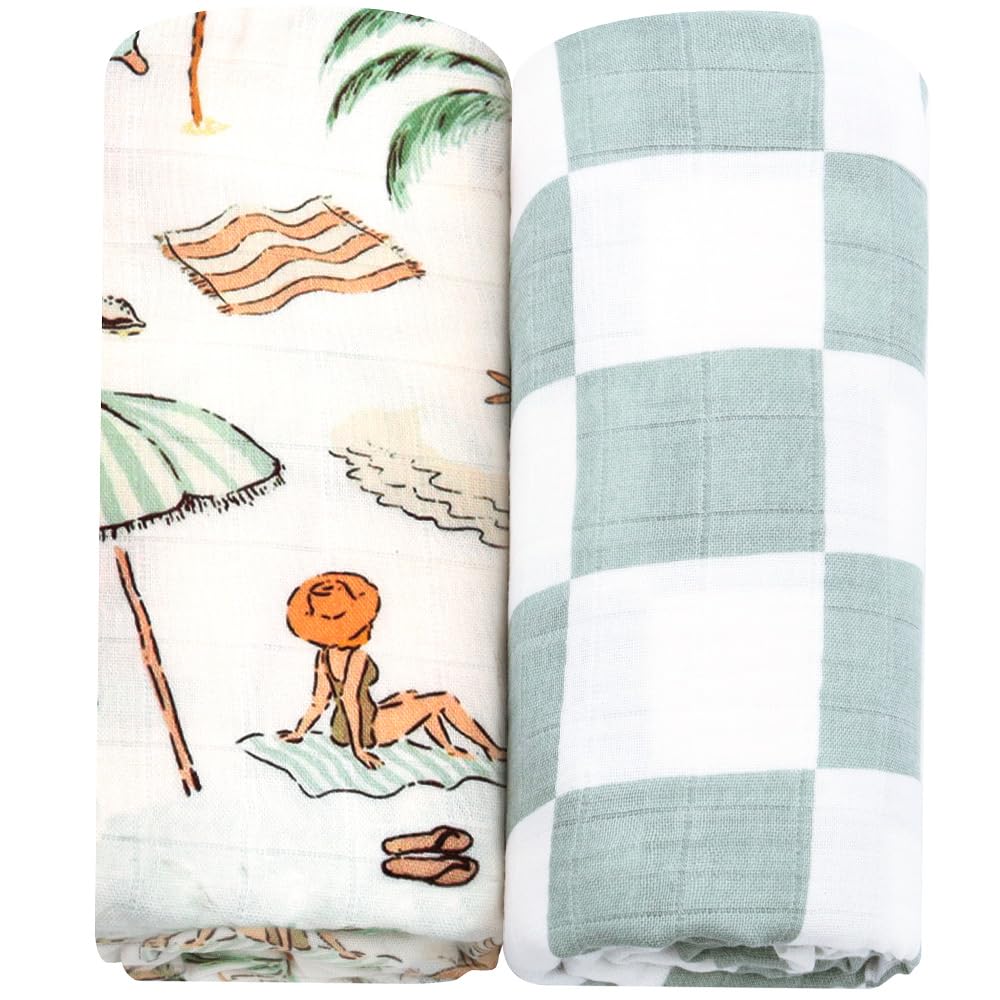 LifeTree Muslin Swaddle Blankets Neutral, Baby Swaddling Wrap Nursery Blanket for Boys & Girls Unisex, Soft 70% Viscose from Bamboo and 30% Cotton, Large 47 x 47 inches, Bear & Checkered Coffee - LittleTreasures
