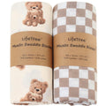 LifeTree Muslin Swaddle Blankets Neutral, Baby Swaddling Wrap Nursery Blanket for Boys & Girls Unisex, Soft 70% Viscose from Bamboo and 30% Cotton, Large 47 x 47 inches, Bear & Checkered Coffee - LittleTreasures