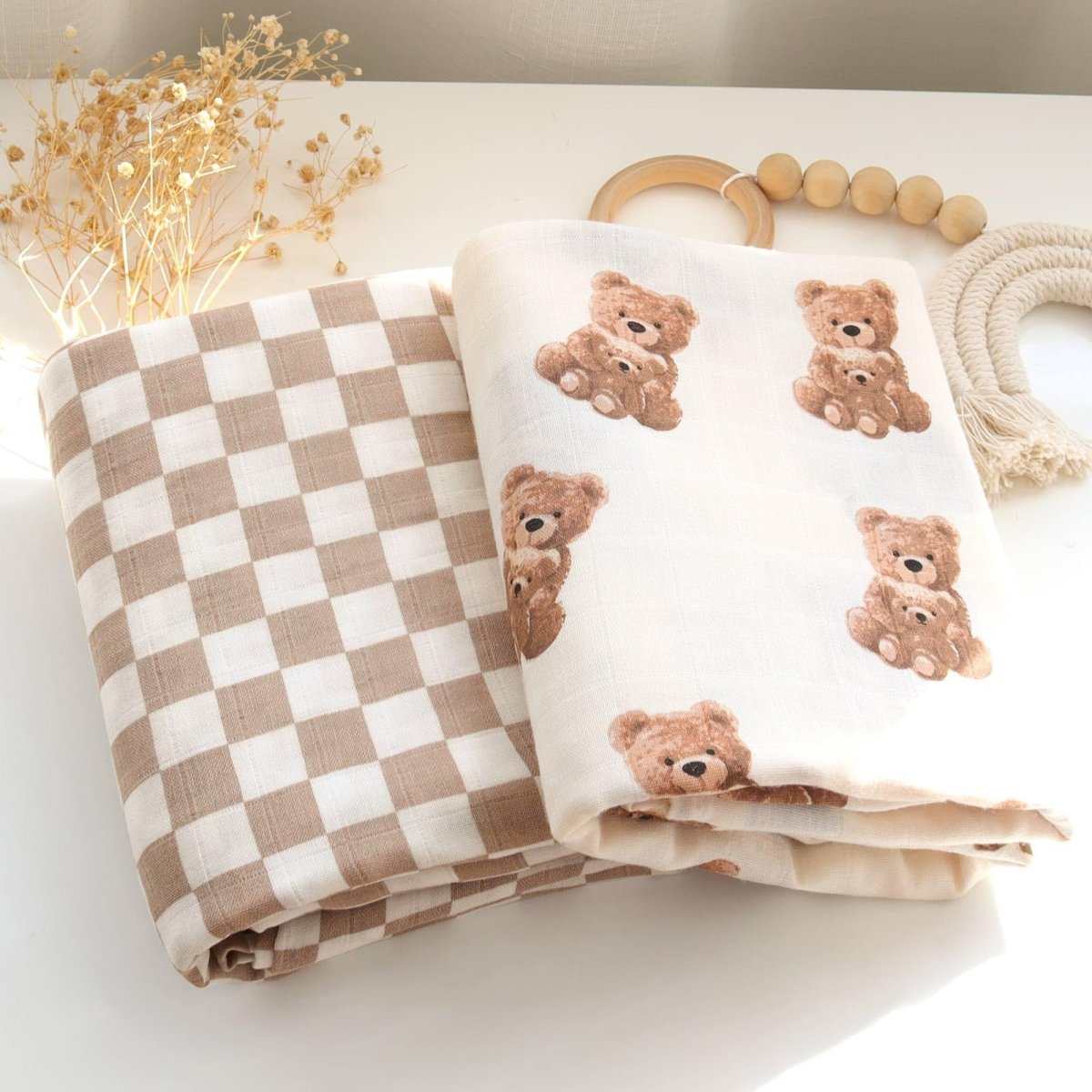 LifeTree Muslin Swaddle Blankets Neutral, Baby Swaddling Wrap Nursery Blanket for Boys & Girls Unisex, Soft 70% Viscose from Bamboo and 30% Cotton, Large 47 x 47 inches, Bear & Checkered Coffee - LittleTreasures