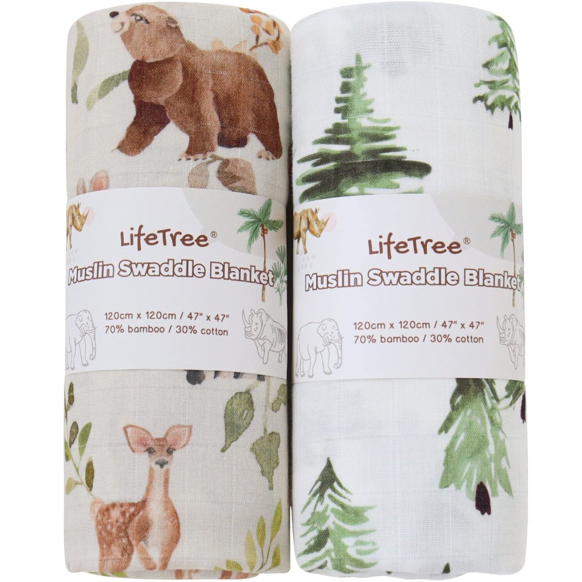 LifeTree Muslin Swaddle Blankets Neutral, Baby Swaddling Wrap Nursery Blanket for Boys & Girls Unisex, Soft 70% Viscose from Bamboo and 30% Cotton, Large 47 x 47 inches, Bear & Checkered Coffee - LittleTreasures