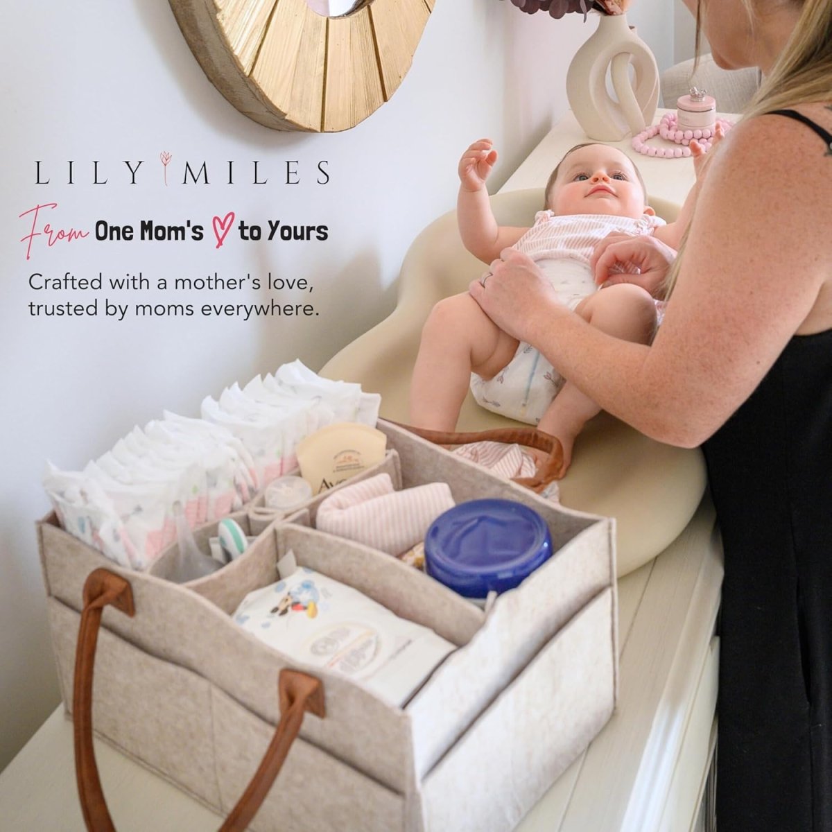 Lily Miles Baby Diaper Caddy Organizer - Nursery Storage Basket for Newborn Essentials Must Haves - Neutral Baby Gifts for Baby Shower Registry Items - Car Organizer for Diapers, Wipes (Sand, Large) - LittleTreasures