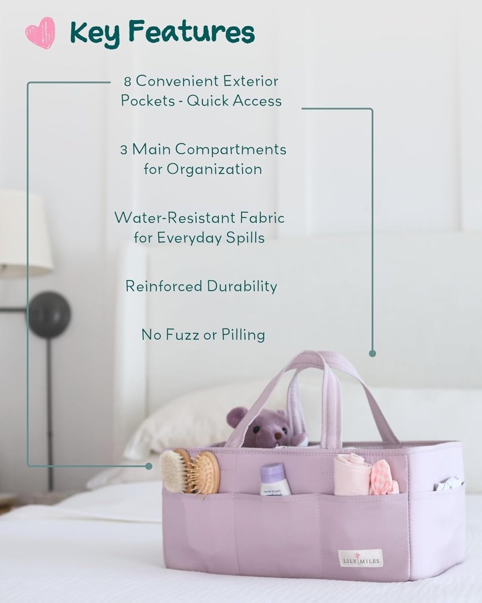 Lily Miles Baby Diaper Caddy Organizer, Wipeable Diaper Organizer Basket with 8 Pockets for Newborn Essentials, Baby Shower Gifts, Nursery Tote Bag for Changing Table or Car (Rosy Lilac, Large) - LittleTreasures