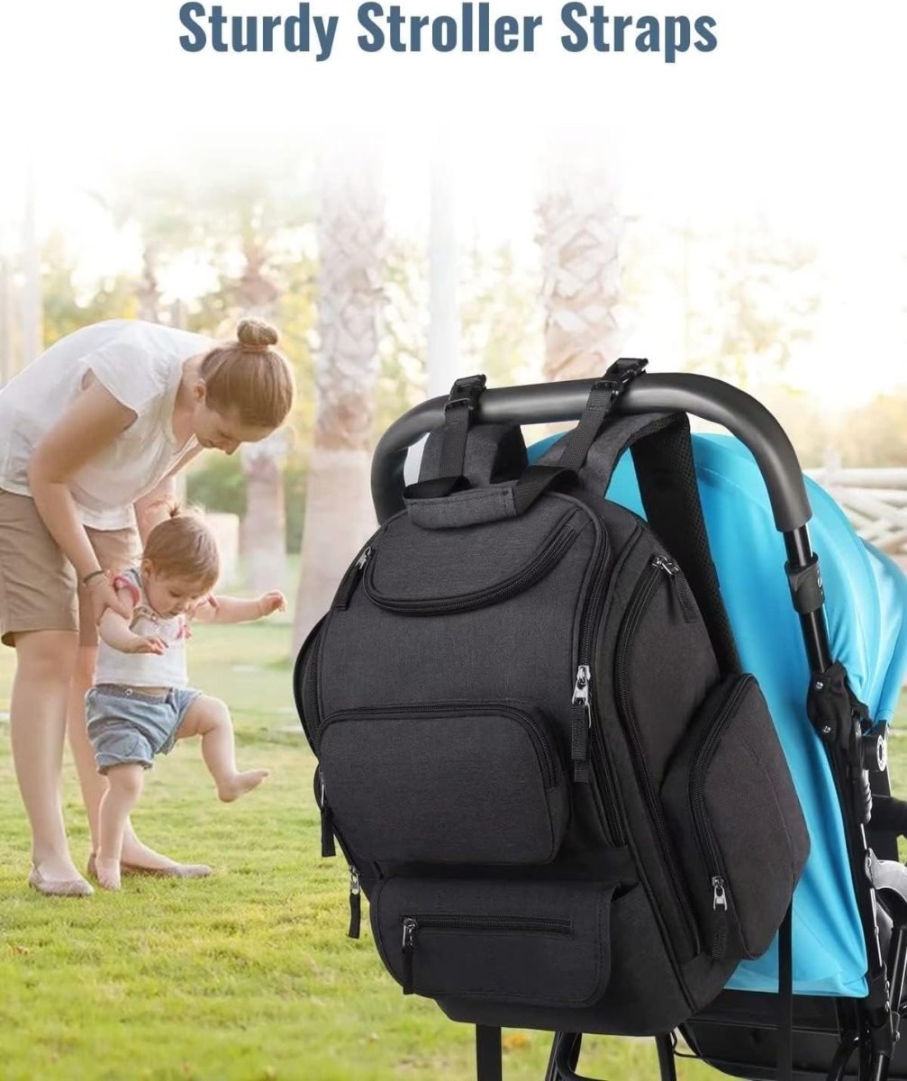 Mancro Diaper Bag Backpack for Men Women, Water Resistant Baby Diaper Bag with Stroller Straps, Large Travel Dad Mom Diaper Bag with 2 Side Insulated Pockets, Black - LittleTreasures