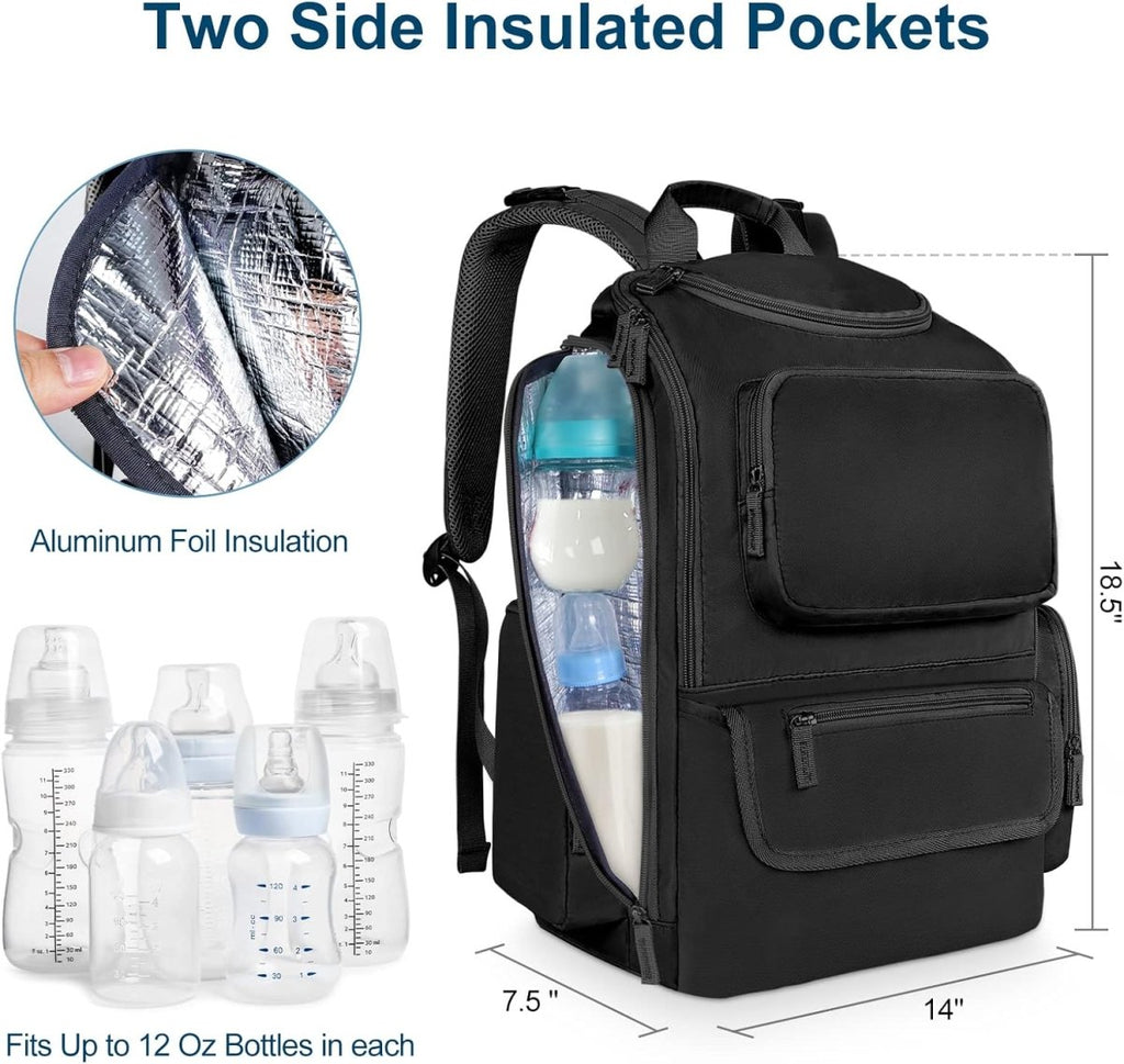 Mancro Diaper Bag Backpack for Men Women, Water Resistant Baby Diaper Bag with Stroller Straps, Large Travel Dad Mom Diaper Bag with 2 Side Insulated Pockets, Black - LittleTreasures