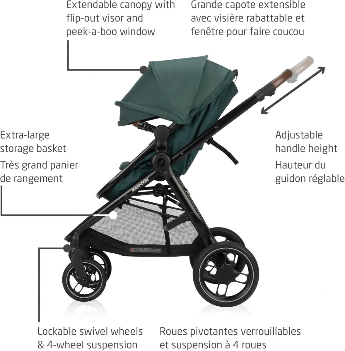 Maxi - Cosi New Generation Zelia Luxe 5 - in - 1 Modular Travel System, Carriage Mode, Reversible Toddler Seat, Mico Infant Car Seat (included), Enhanced All - Terrain Wheels, Use from Birth – Essential Green - LittleTreasures
