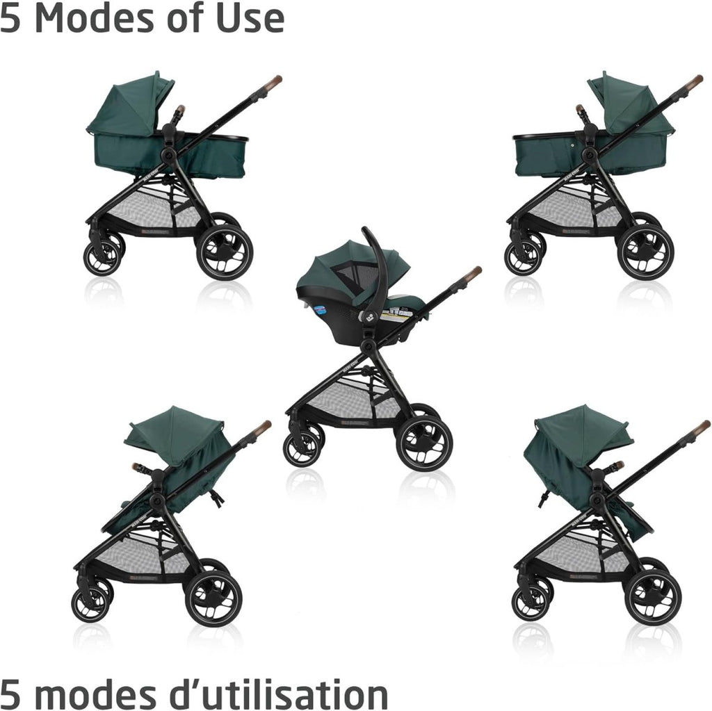 Maxi - Cosi New Generation Zelia Luxe 5 - in - 1 Modular Travel System, Carriage Mode, Reversible Toddler Seat, Mico Infant Car Seat (included), Enhanced All - Terrain Wheels, Use from Birth – Essential Green - LittleTreasures