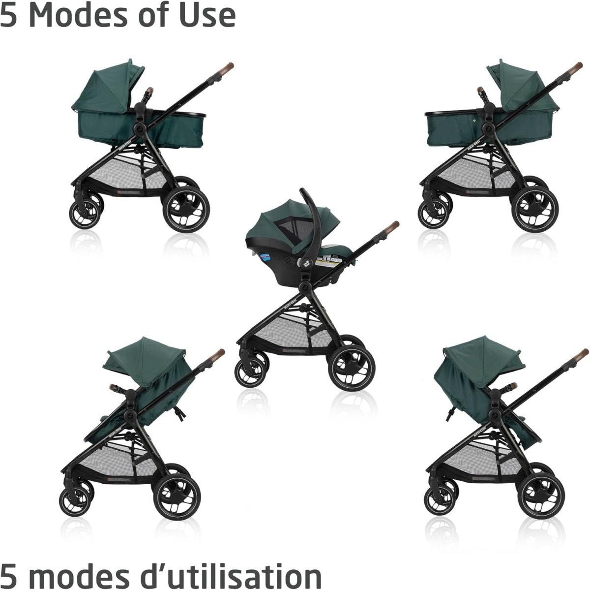 Maxi - Cosi New Generation Zelia Luxe 5 - in - 1 Modular Travel System, Carriage Mode, Reversible Toddler Seat, Mico Infant Car Seat (included), Enhanced All - Terrain Wheels, Use from Birth – Essential Green - LittleTreasures