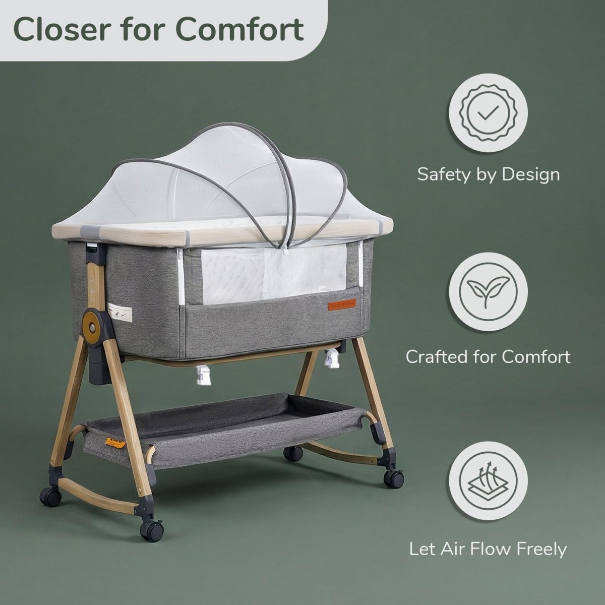 Maydolly 3 - in - 1 Baby Bassinet Bedside Crib, 6 - Height Adjustable Bedside Sleeper with Airflow Mesh, Storage Basket & Lockable Castors, Upgraded Trapezoidal Cradle for Newborns - LittleTreasures