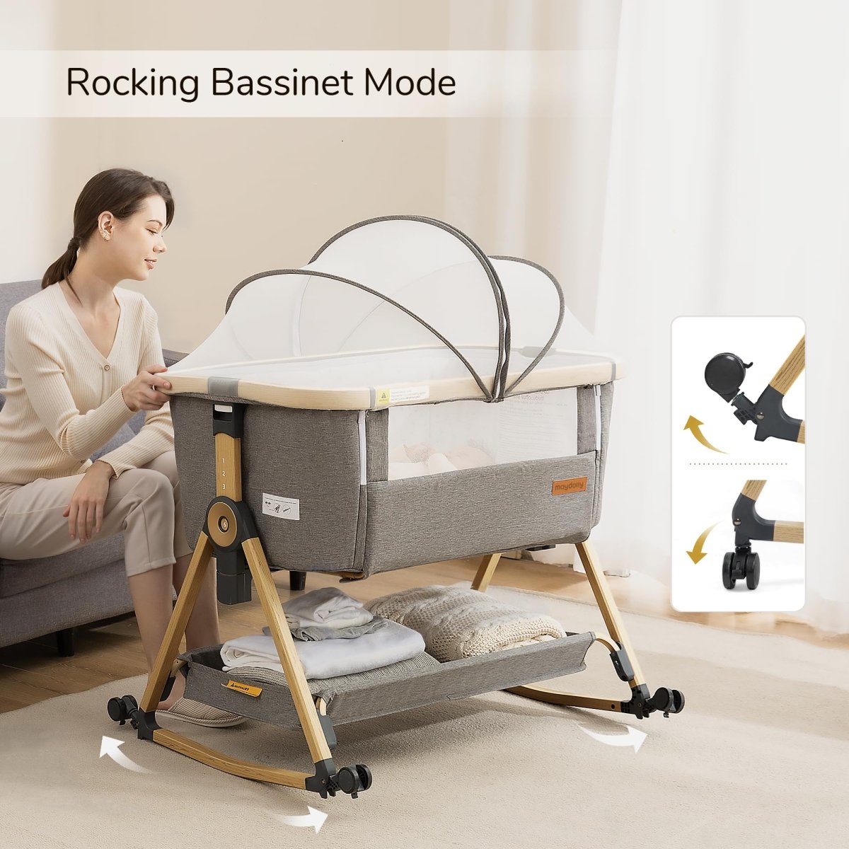 Maydolly 3 - in - 1 Baby Bassinet Bedside Crib, 6 - Height Adjustable Bedside Sleeper with Airflow Mesh, Storage Basket & Lockable Castors, Upgraded Trapezoidal Cradle for Newborns - LittleTreasures